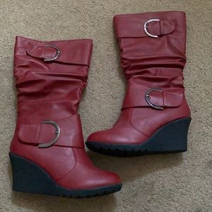 Red thigh high boots